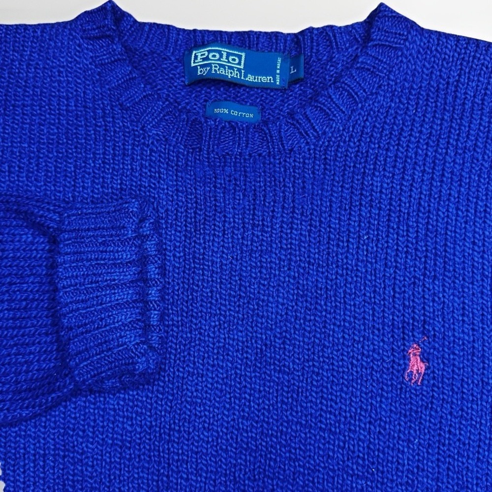 Vintage Polo Ralph Lauren Sweater Men Large Blue Red Pony 100% Cotton Cable Knit